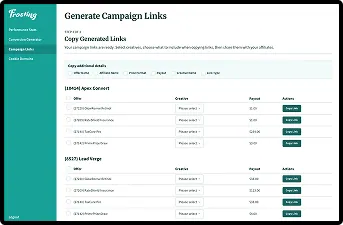 Step 3 of the campaign links generator tool showing a table of campaign links showing offers and payouts for each affiliate and the ability to select creatives, options of which campaign details to include (offer name, affiliate name, price format, payout, creative name, and link type), select multiple items at once, and copy them all to the clipboard.