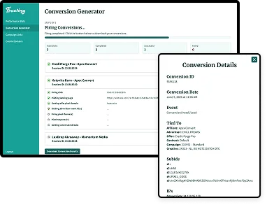 Step 3 of the conversion generator tool showing an in-progress view of the app looking up information and firing conversions. The conversion details modal is also shown.